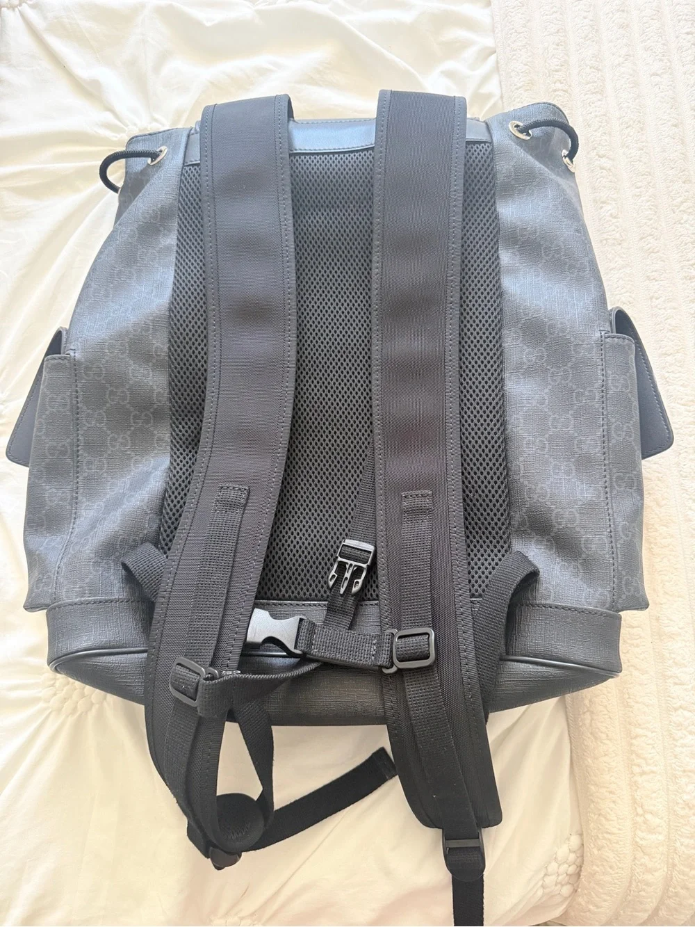 Gucci Black GG Canvas Backpack with Red and Blue Web Straps